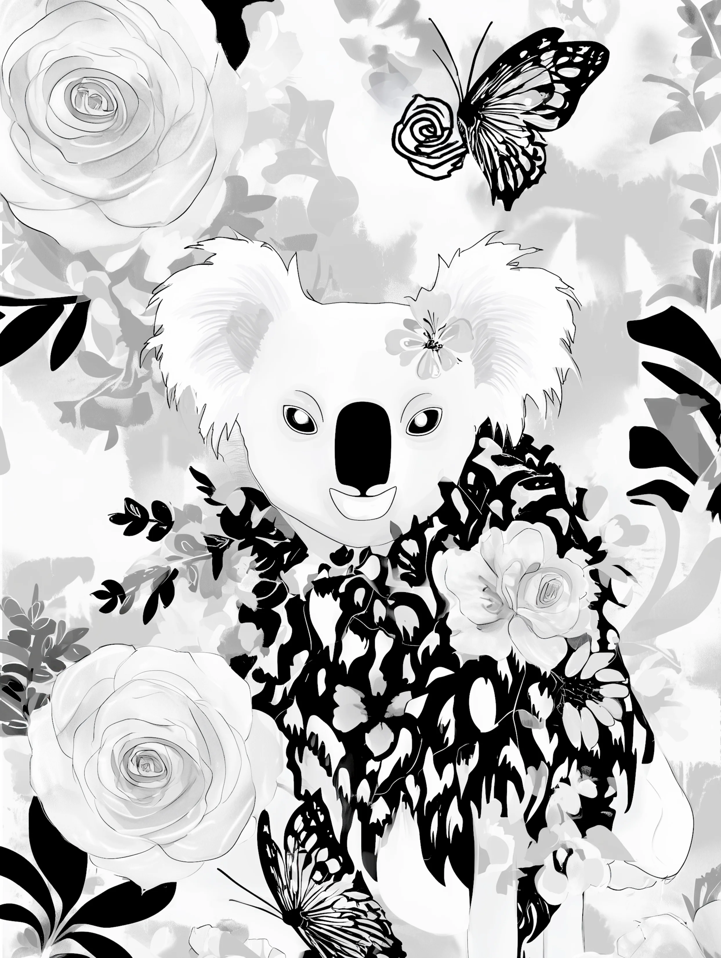 Free printable koala coloring page for adults featuring butterfly and koala